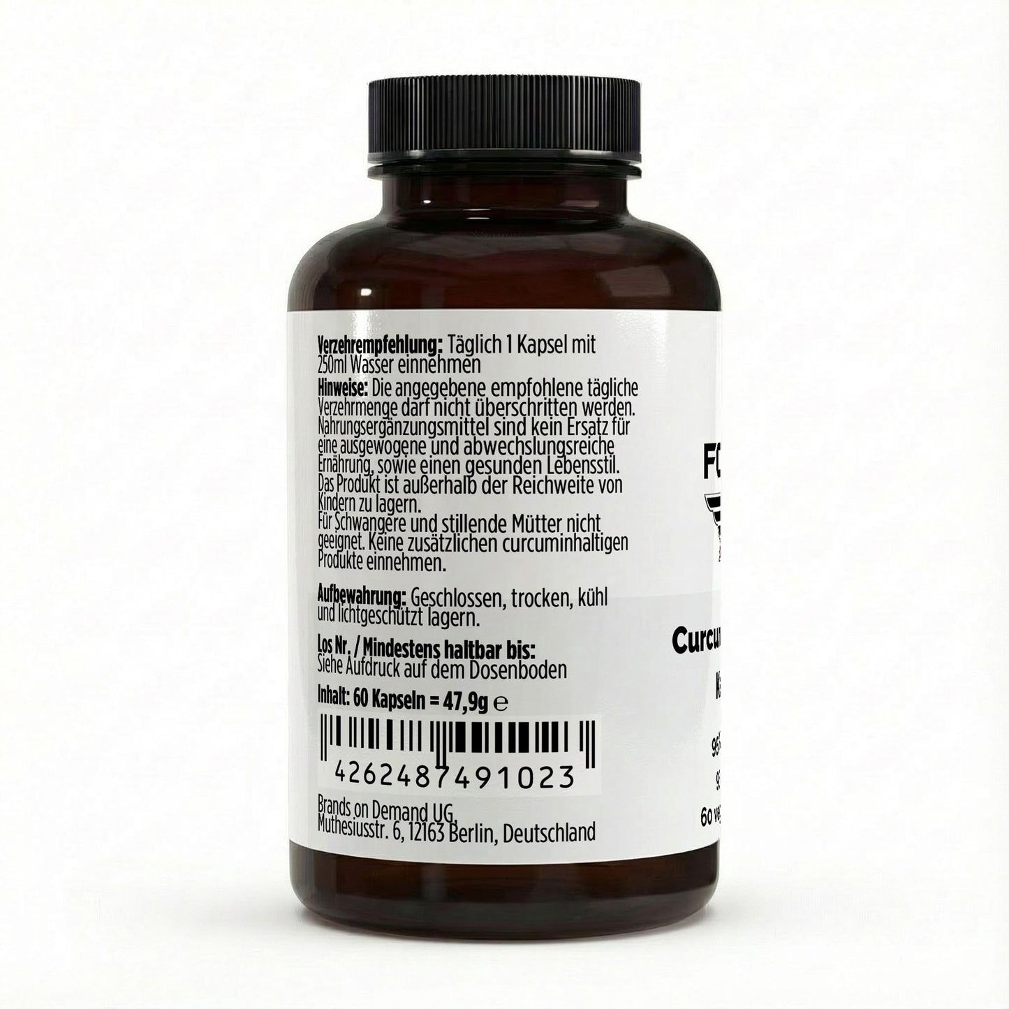 Etikett THE FORCE Curcumin + Piperin Kapseln – Zutaten, Nährwertangaben und Verzehrempfehlung auf Deutsch