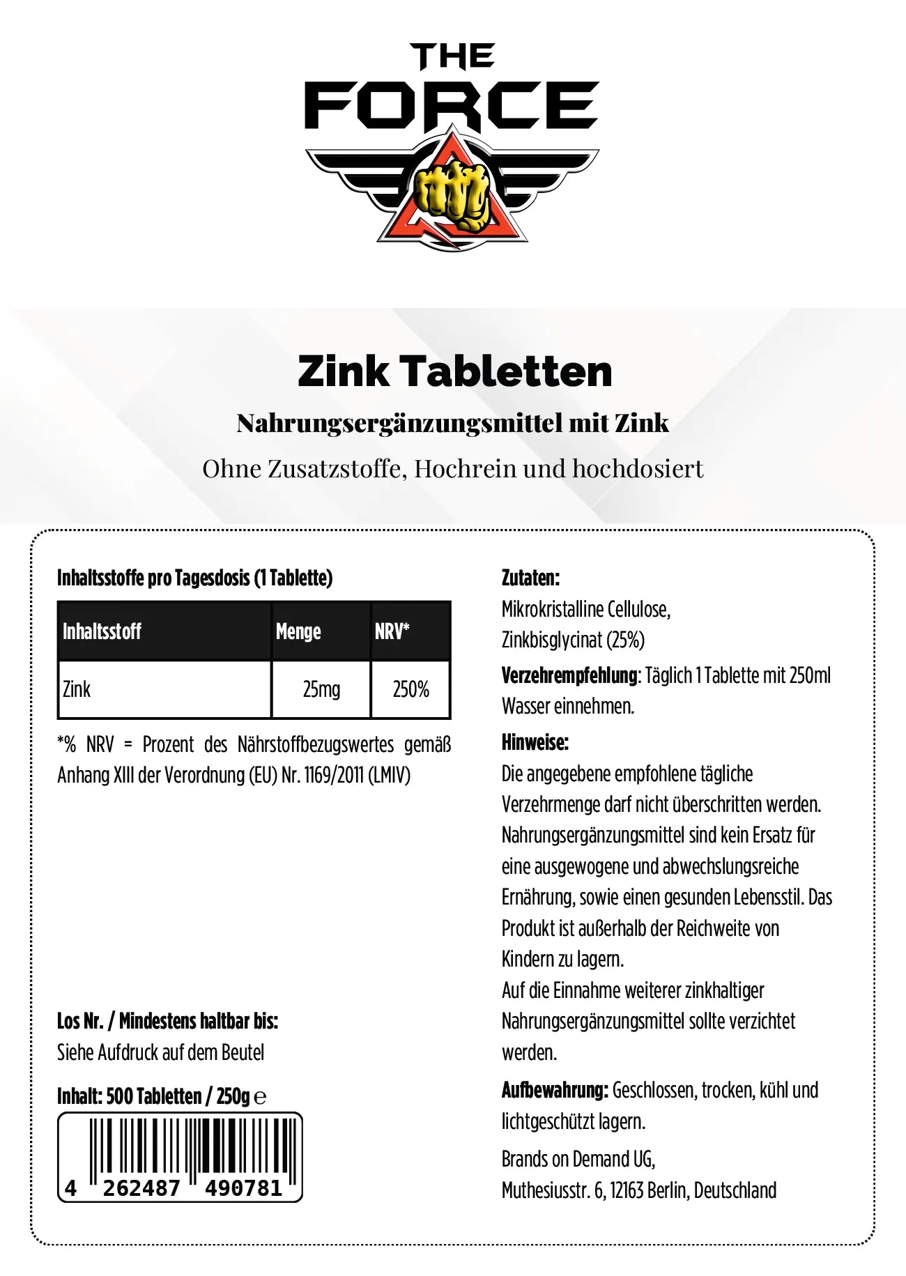 Back label of Zink Tabletten packaging with 'The Force' branding and nutritional information.