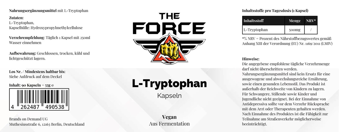 The Force L-Tryptophan 500 mg Kapseln – 90 Stück Verpackung