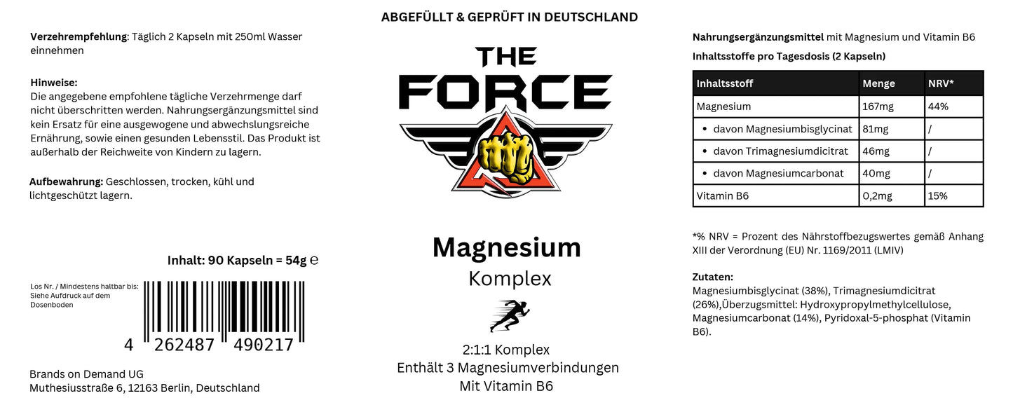 Magnesium Komplex Kapseln mit Vitamin B6 von THE FORCE