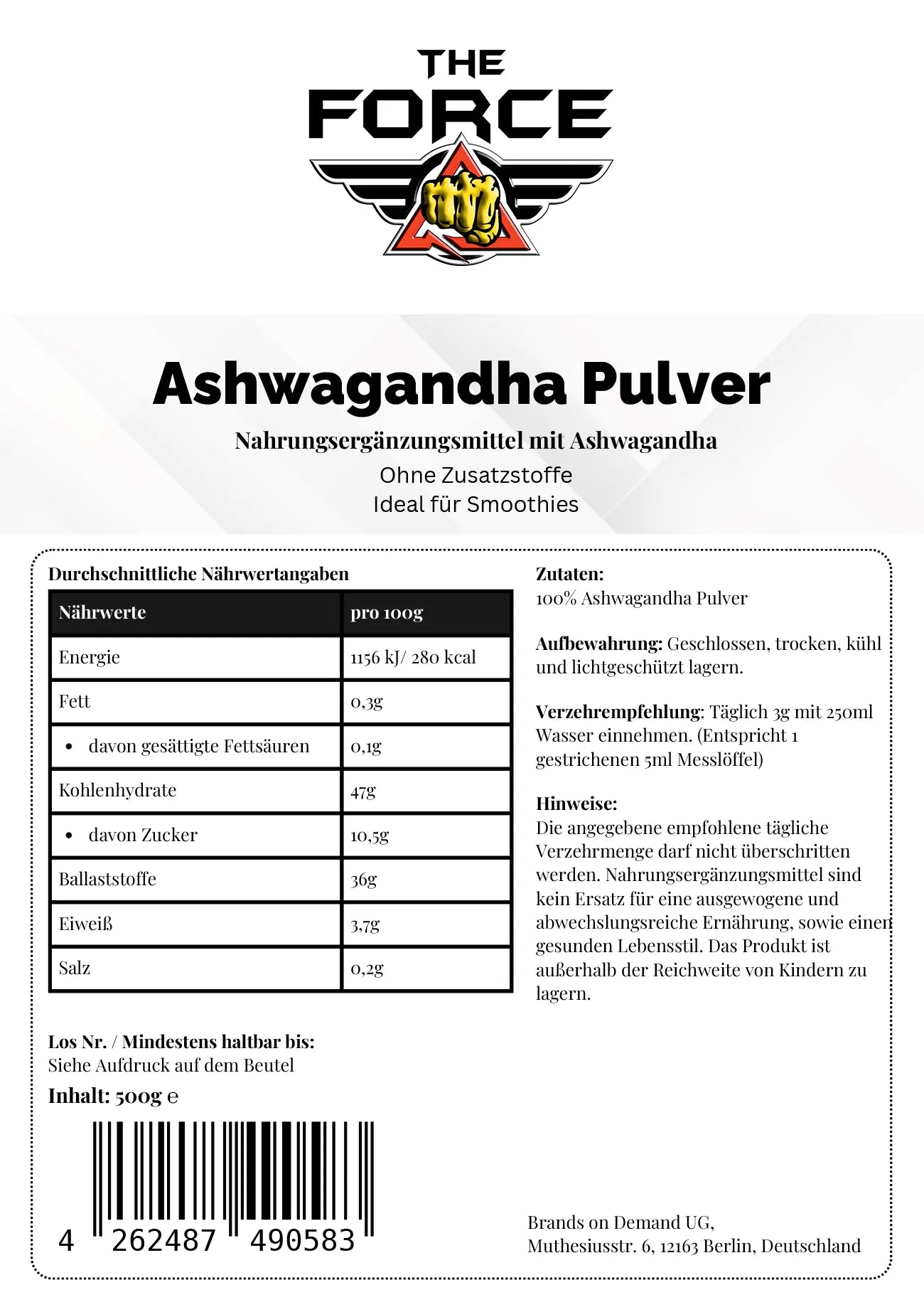 Ashwagandha Powder - 500g Doypack - THE FORCE SPORT