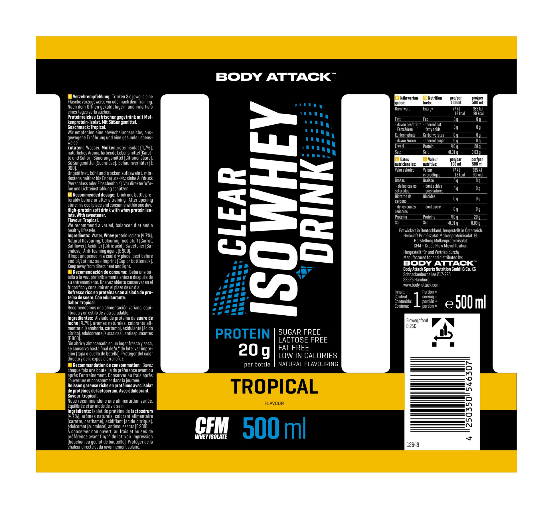 Body Attack Clear Iso Whey Drink 12x500ml - THE FORCE SPORT