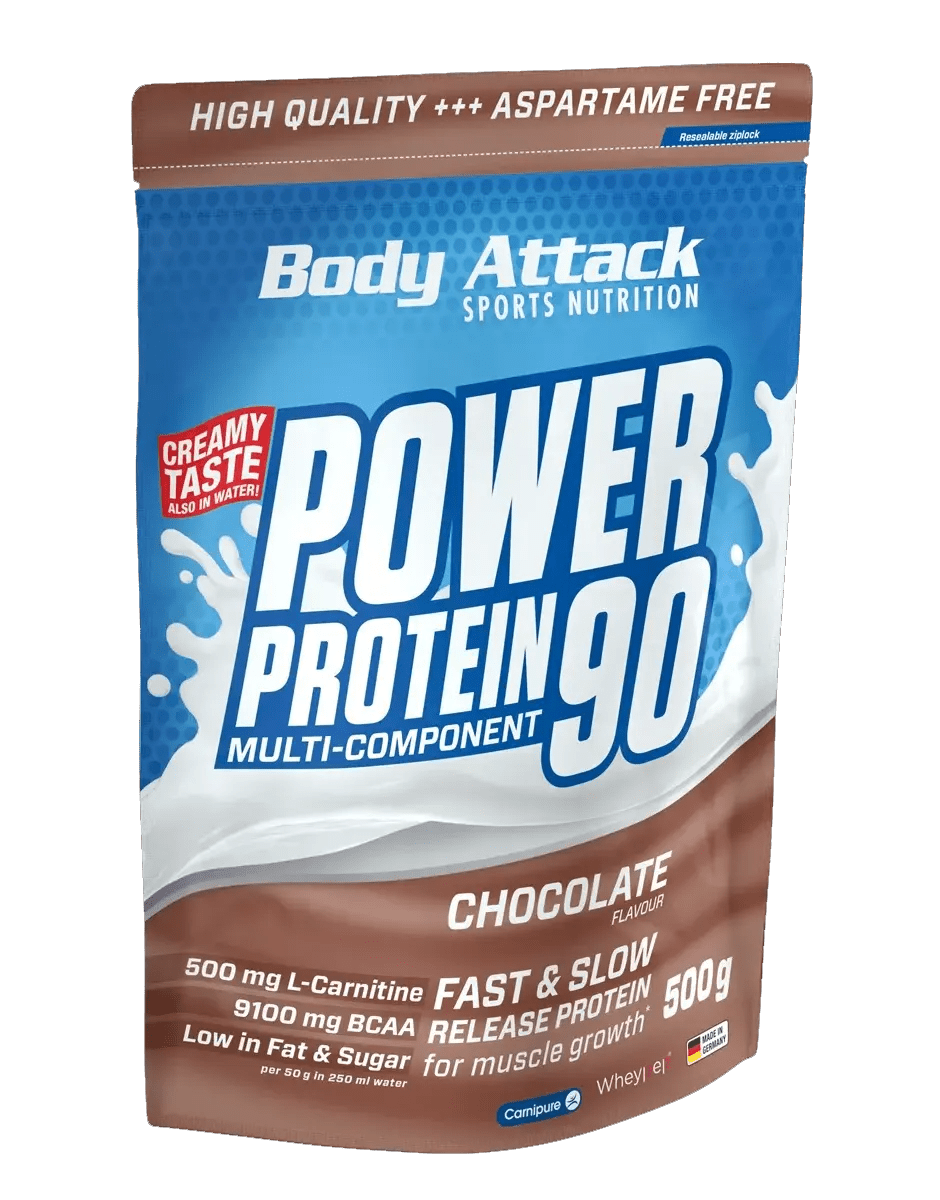 Body Attack Power Protein 90 packaging with chocolate flavor on a white background