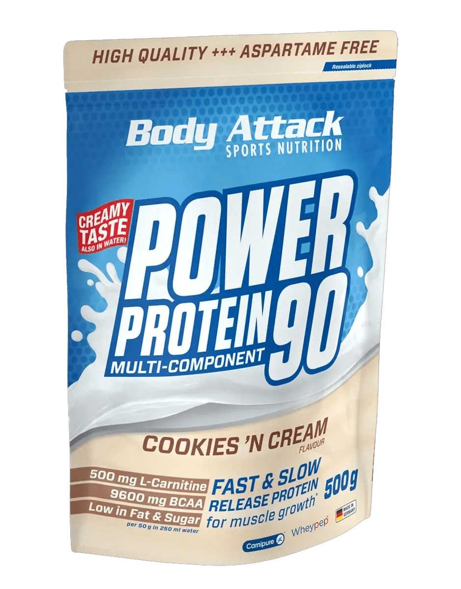 Body Attack Power Protein 90 Cookies 'N Cream flavor packaging on a white background