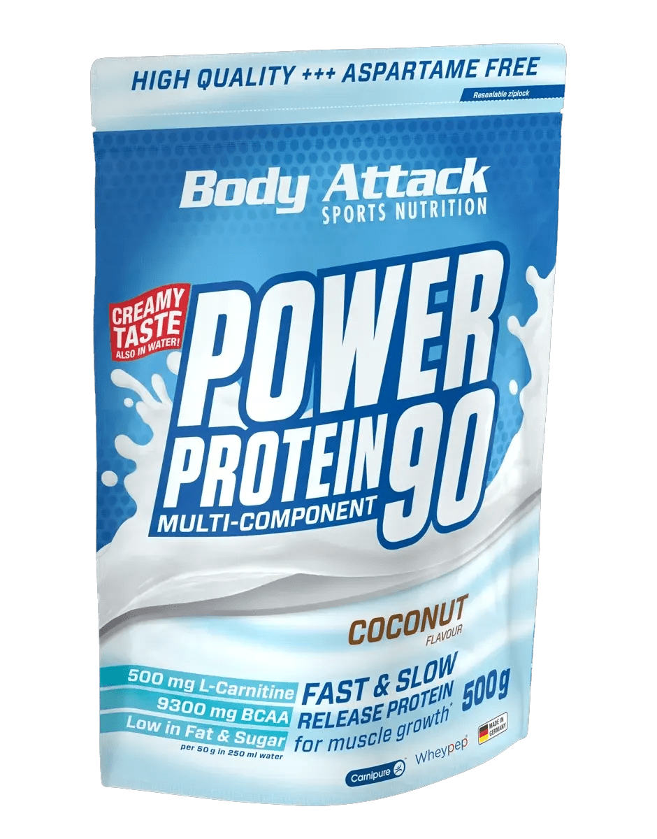 Body Attack Power Protein 90 packaging with blue and white design