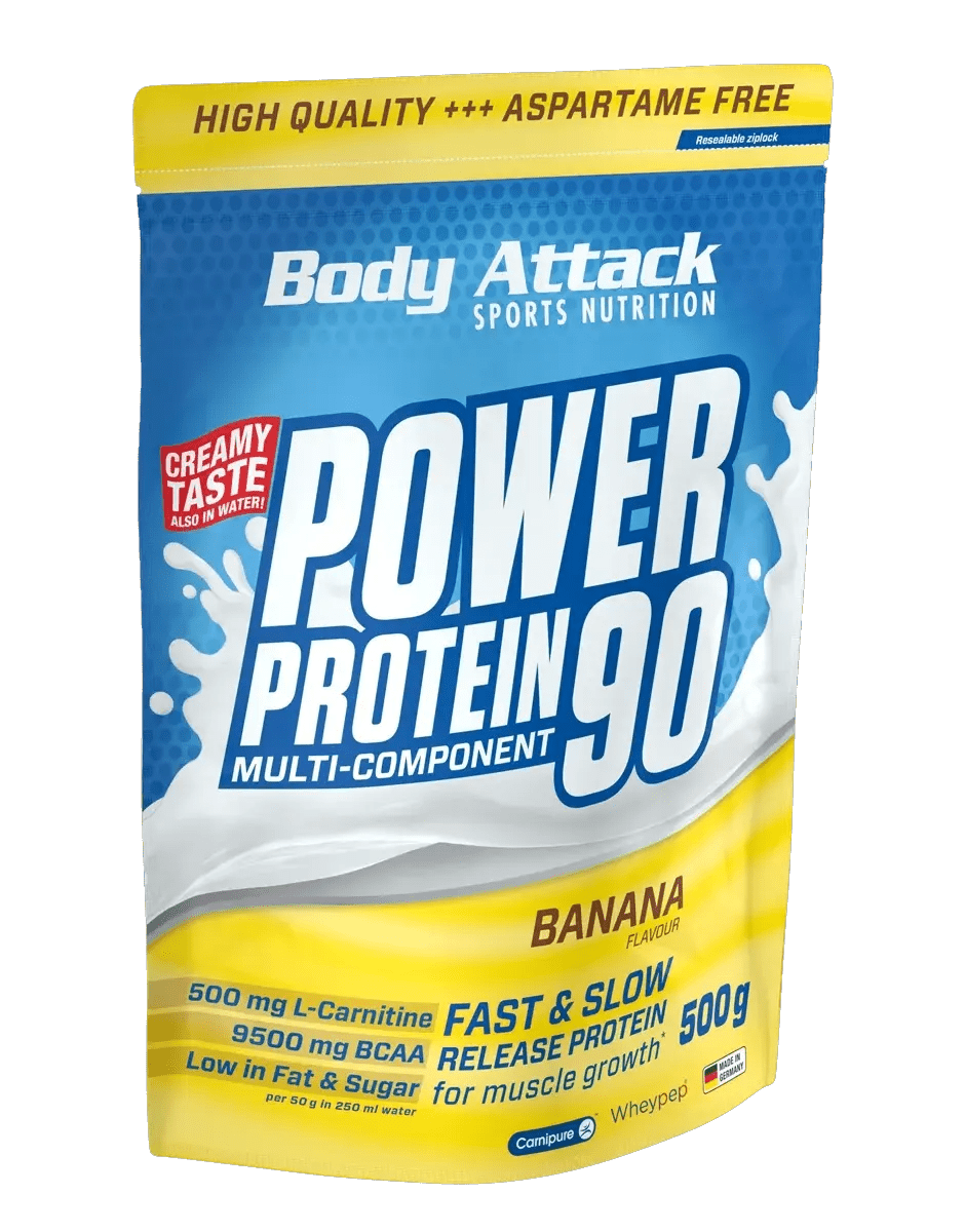 Body Attack Power Protein 90 package with blue and yellow design on a white background