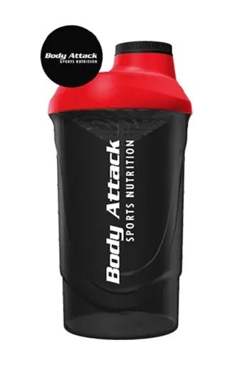 Black and red shaker bottle with 'Body Attack Sports Nutrition' branding on a white background.