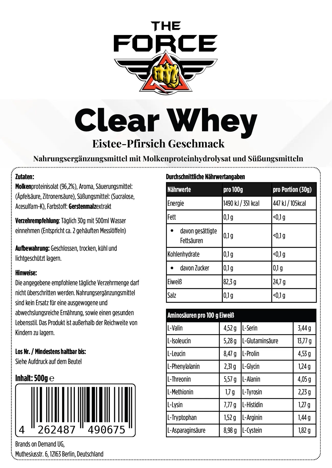 Clear Whey Protein Iced Tea Peach - 500g – hochwertige / premium / висококачествена Produkt von / by / от THE FORCE SPORT | THE FORCE SPORT