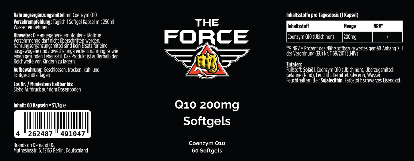 Label of 'The Force Q10 200mg Softgels' supplement with branding and product details.