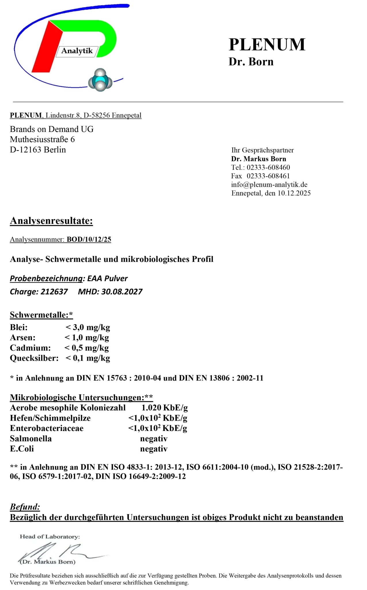 Technical report or certificate from PLENUM with various test results and certifications.