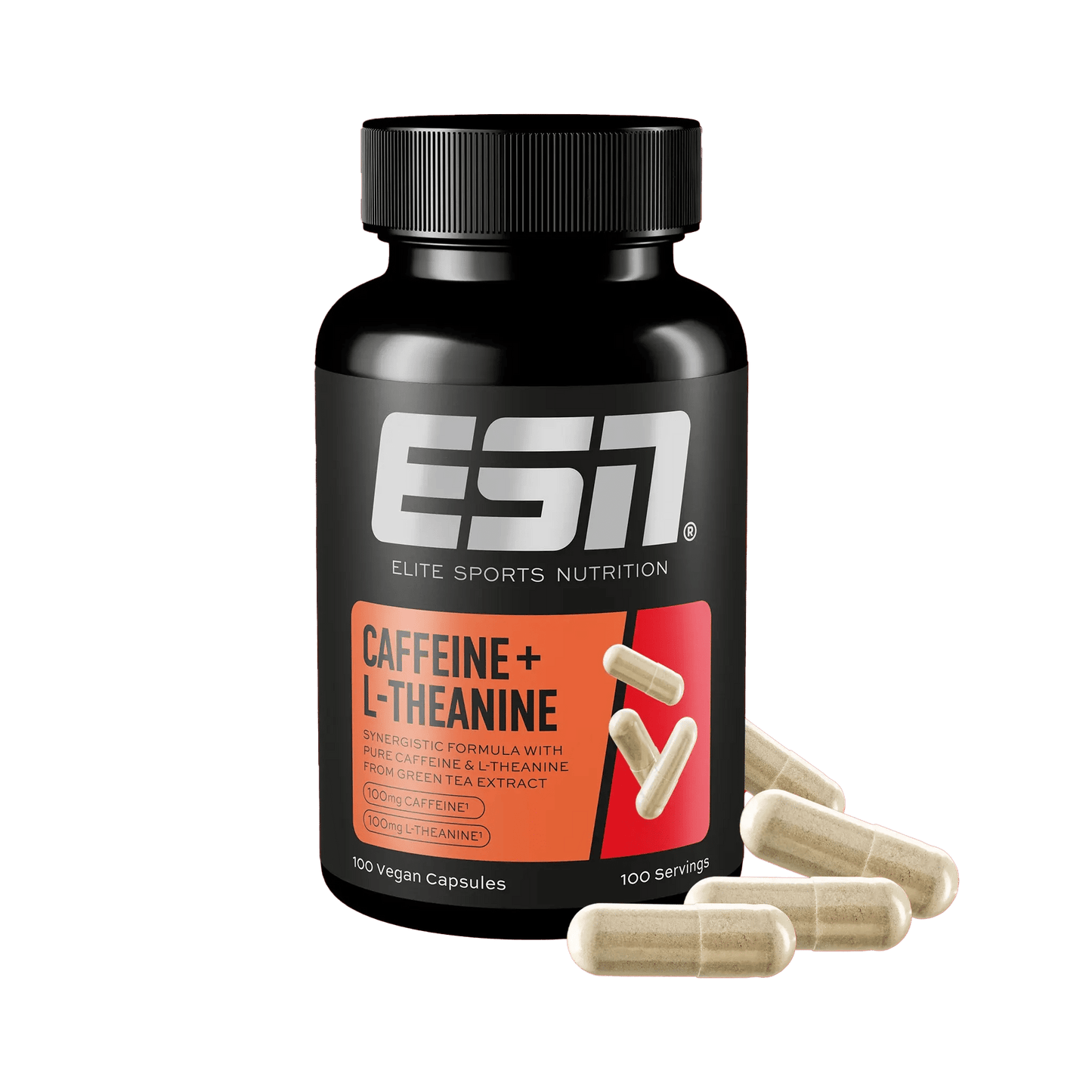Caffeine + L-Theanine capsules – 100 mg caffeine & 100 mg L-theanine, 100 capsules, ESN