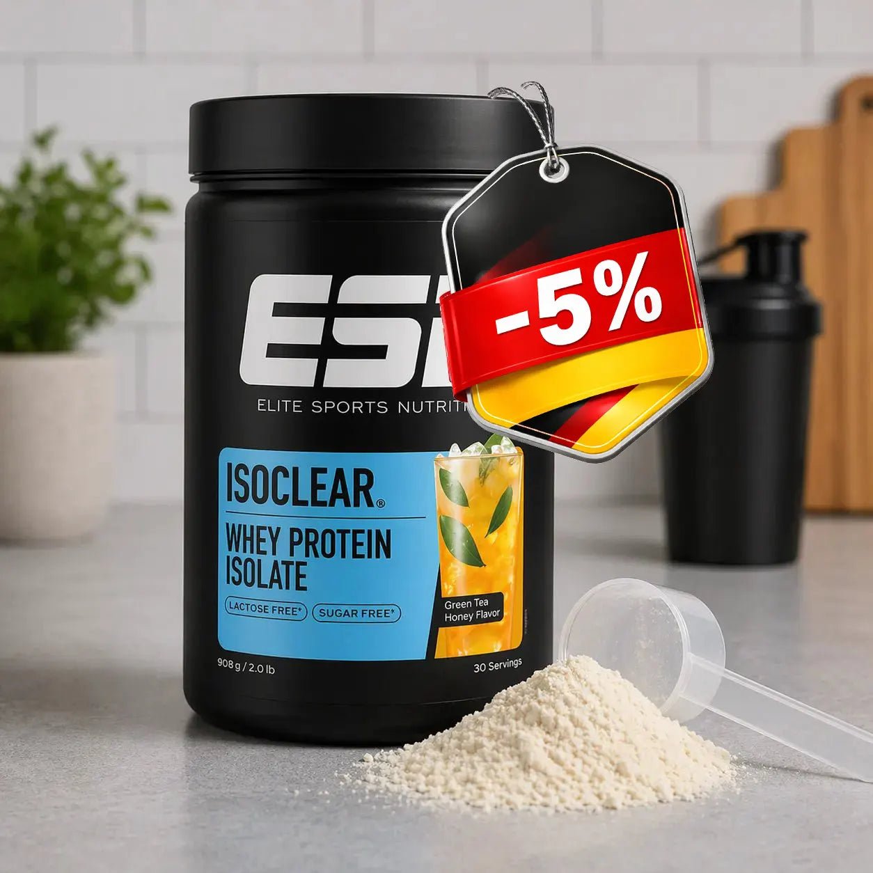 ESN Isoclear Whey Protein Isolate 908g – laktosefrei & zuckerfrei, Proteinpulver mit Messlöffel -5% Rabatt