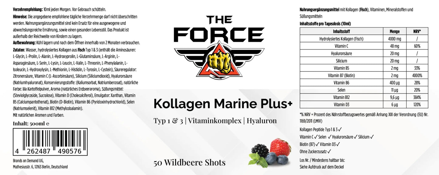 Kollagen Marine Plus+ - 50 Shots - Wildbeere - 500ml - THE FORCE SPORT