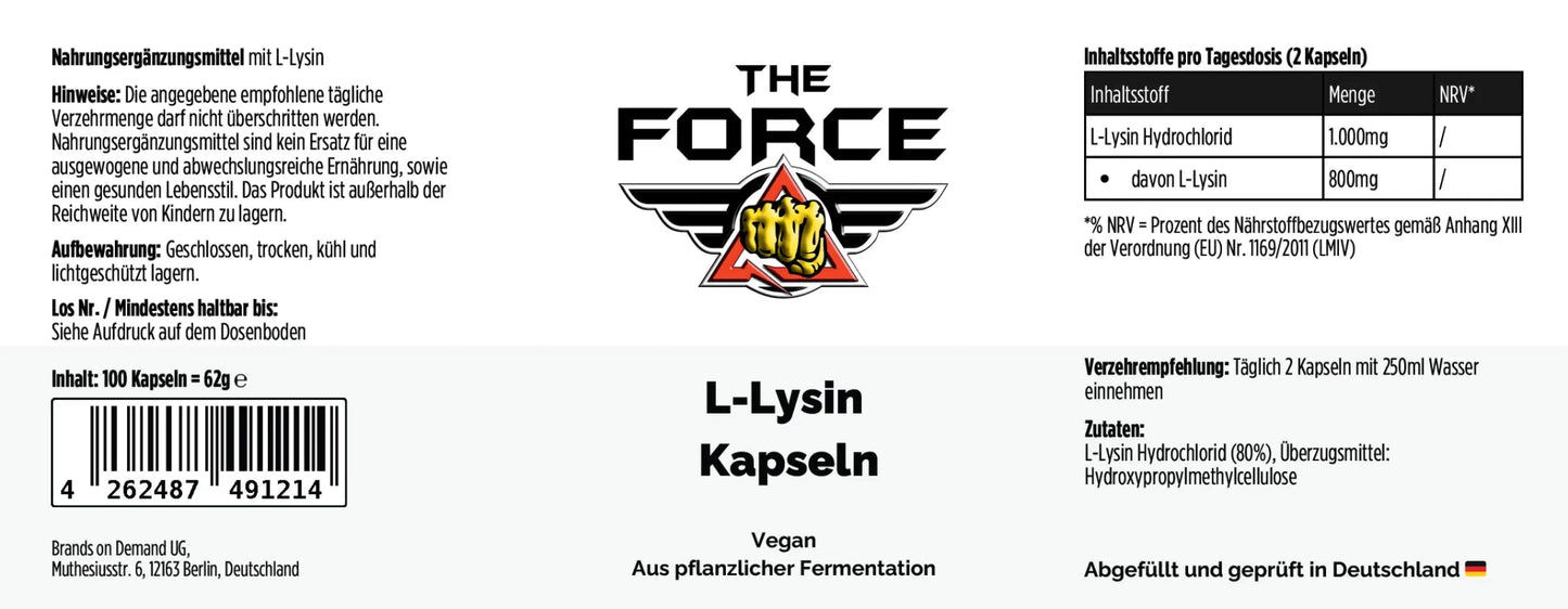 L-Lysine capsules vegan amino acid THE FORCE