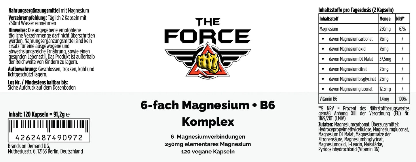 THE FORCE 6 fach Magnesium B6 Komplex 120 vegane Kapseln Nahrungsergänzung