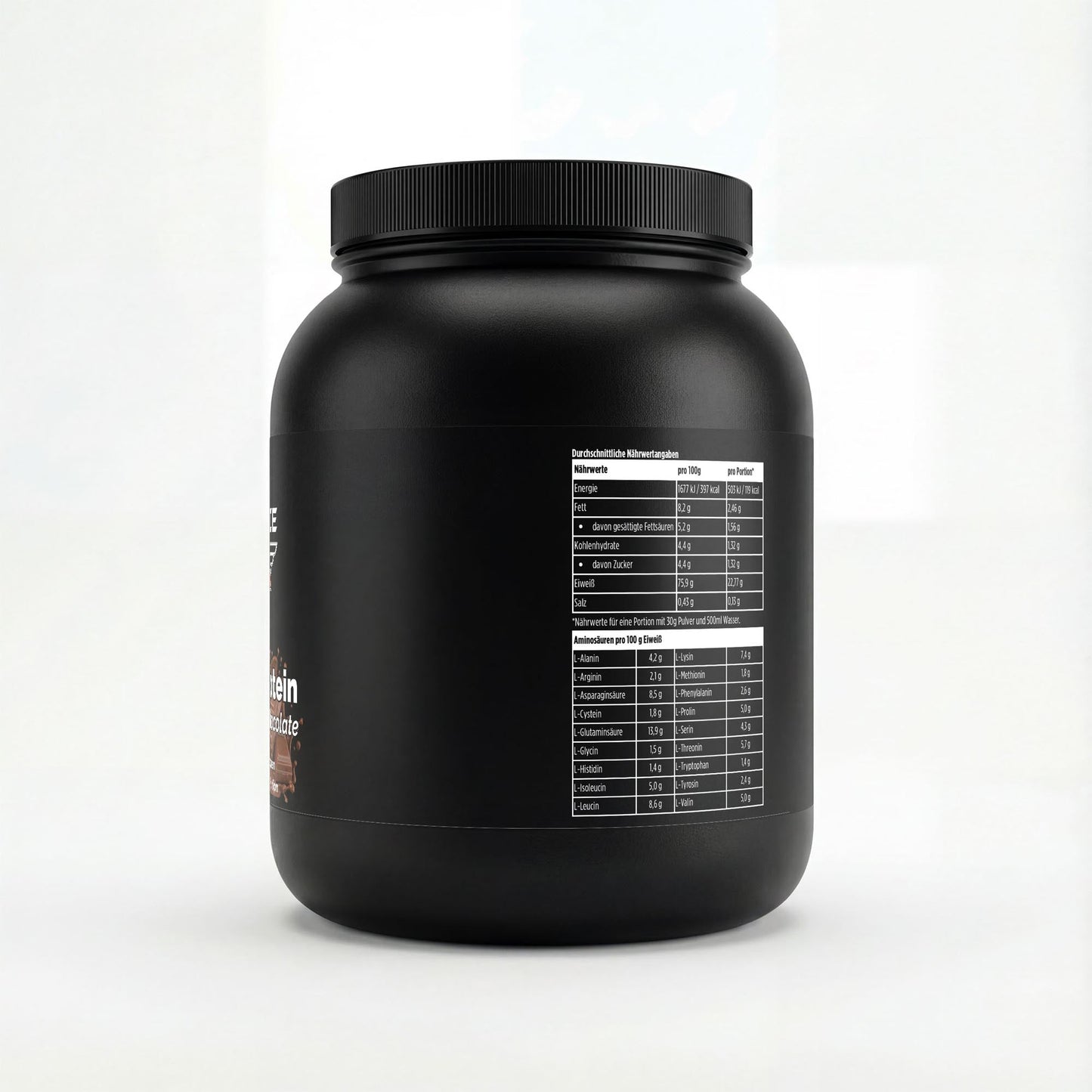 Whey Protein Chocolate Pulver – Molkenproteinpulver mit Chocolate -Geschmack zur Zubereitung eines Proteingetränks.