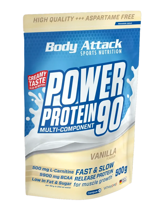 Body Attack Power Protein 90 package with blue and beige design