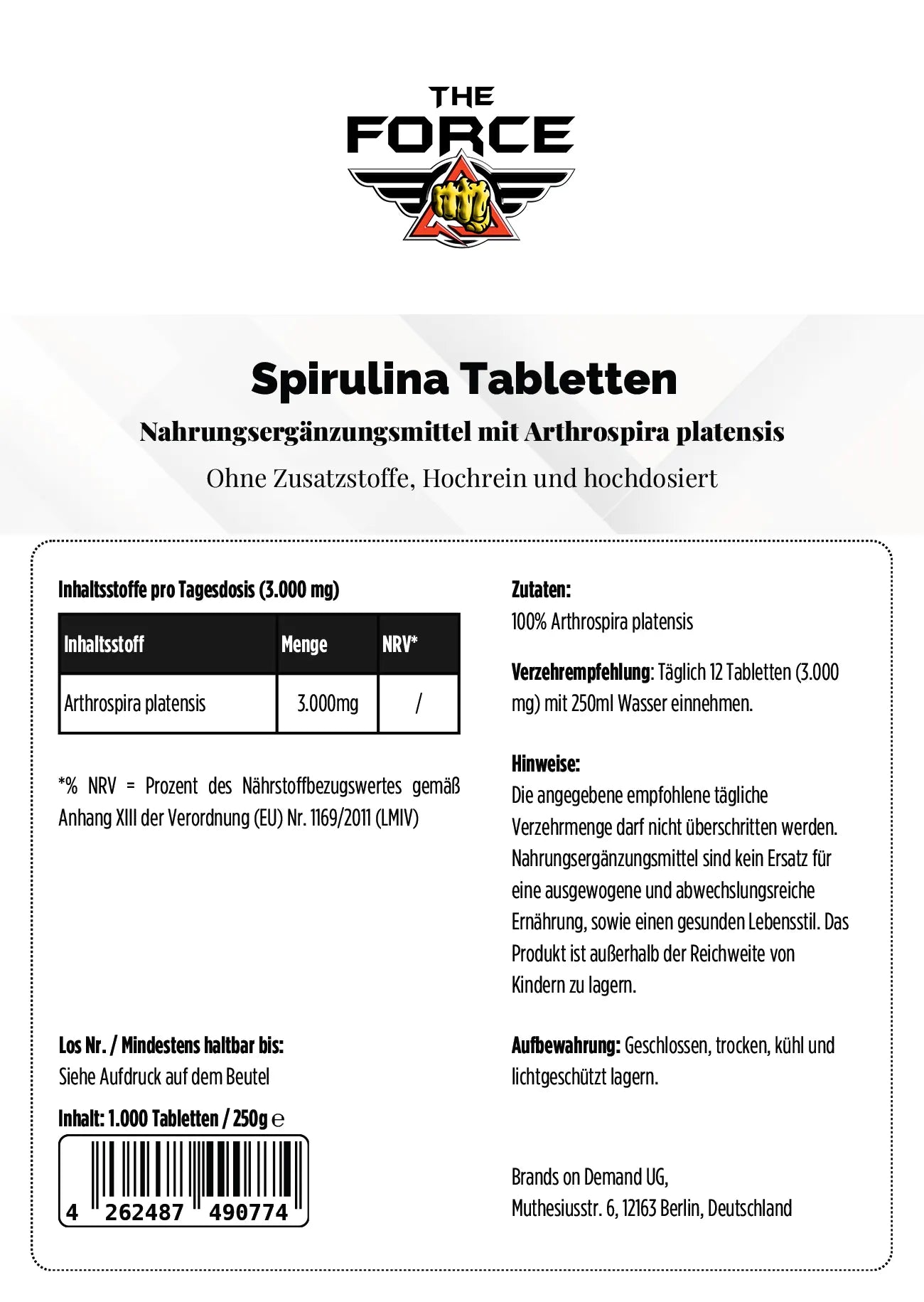 Back label of Spirulina tablets with branding and product details.