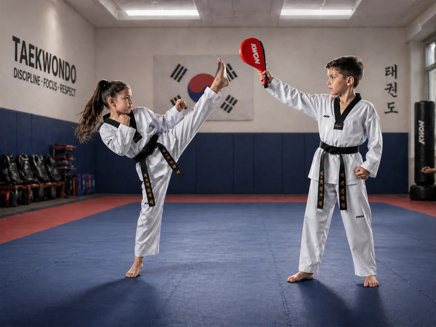 Two children in a taekwondo class practicing kicking and punching techniques.