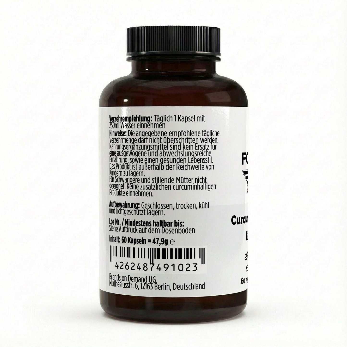 Etikett THE FORCE Curcumin + Piperin Kapseln – Zutaten, Nährwertangaben und Verzehrempfehlung auf Deutsch