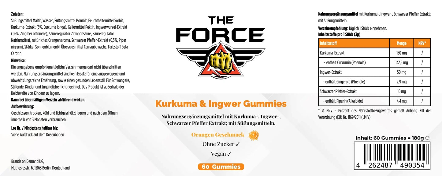Label of 'The Force' Kurkuma & Ingwer Gummies with product details and branding.