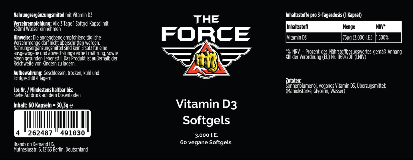 Label of Vitamin D3 Softgels from 'The Force' on a black background