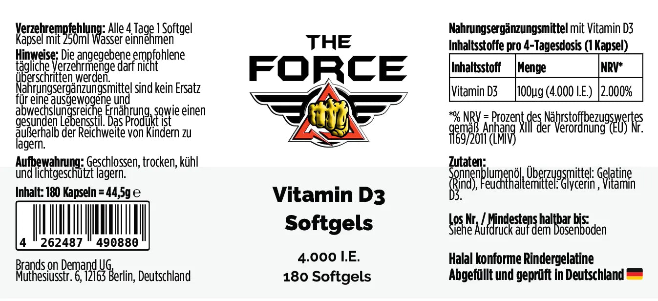 Label of 'The Force' Vitamin D3 Softgels with product details and branding.