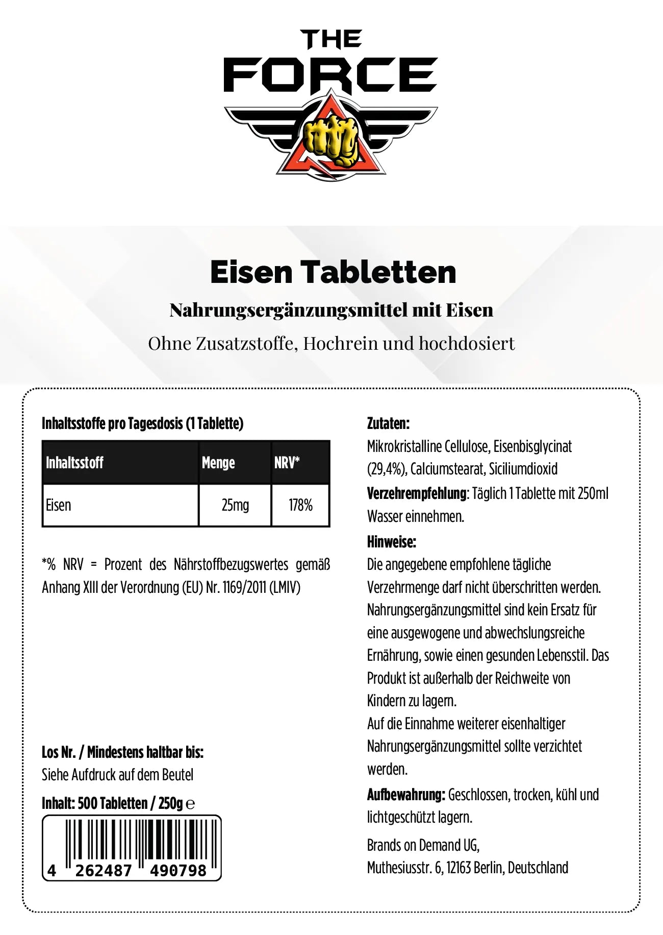 Back of a supplement package with 'The Force' branding and nutritional information.