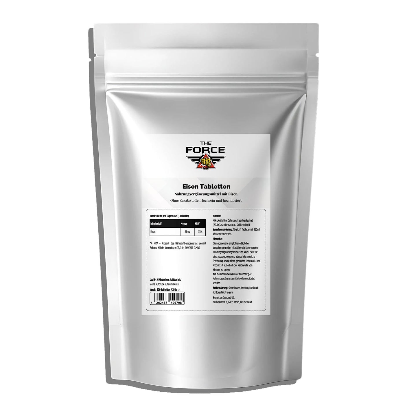 Silver package with a label on a white background