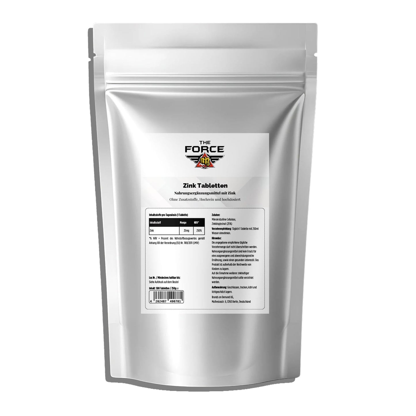 Silver package with a label on a white background