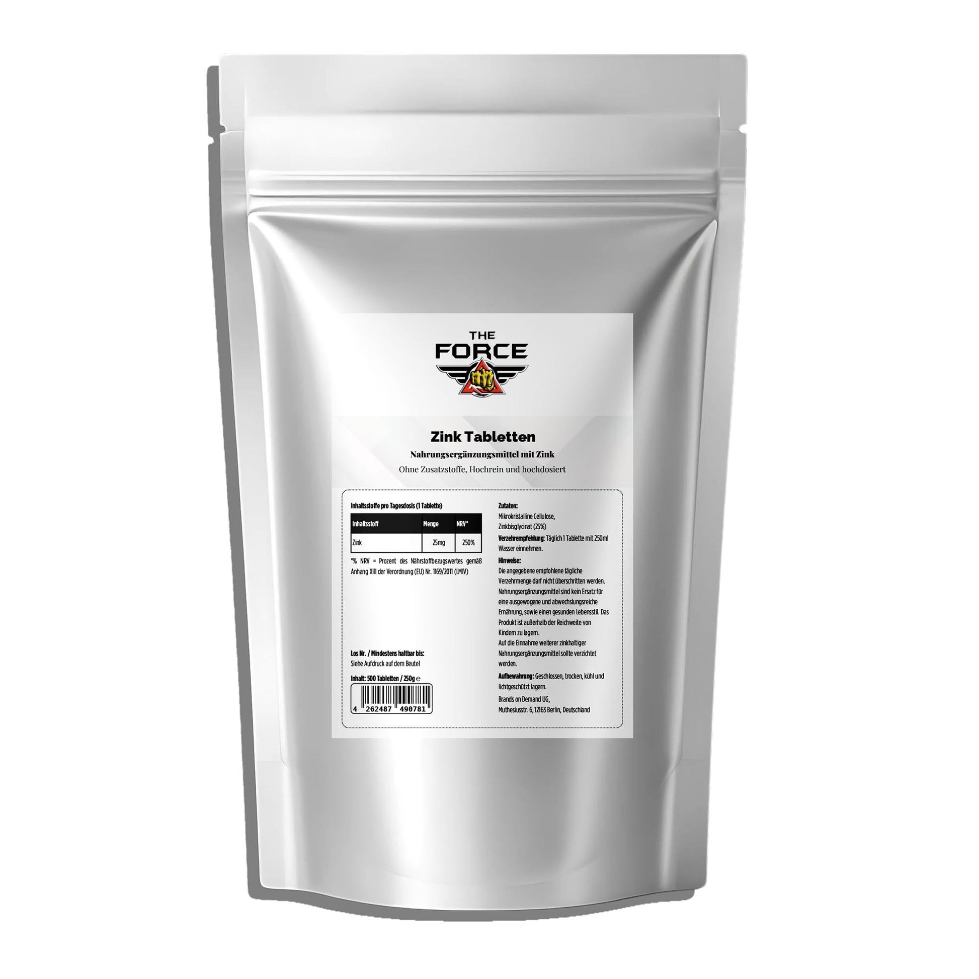 Silver package with a label on a white background