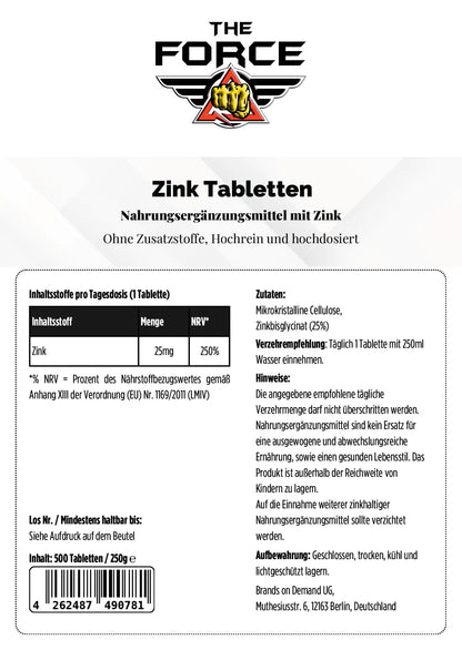 Back label of Zink Tabletten packaging with 'The Force' branding and nutritional information.