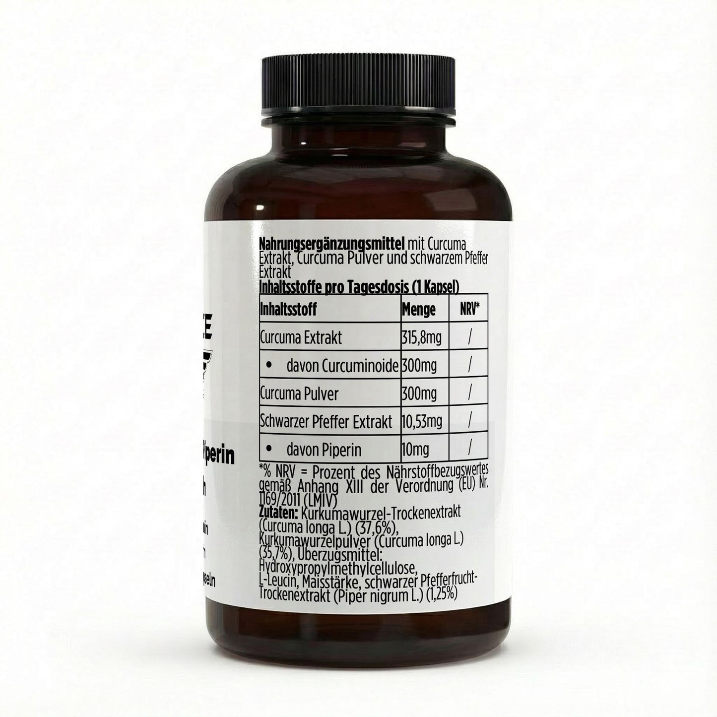Etikett THE FORCE Curcumin + Piperin Kapseln – Zutaten, Nährwertangaben und Verzehrempfehlung auf Deutsch