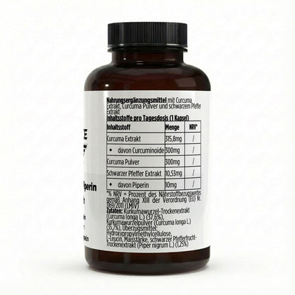 Etikett THE FORCE Curcumin + Piperin Kapseln – Zutaten, Nährwertangaben und Verzehrempfehlung auf Deutsch