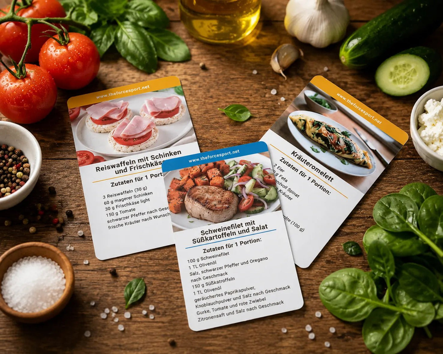 Three printed recipe cards for German dishes are arranged on a rustic wooden table surrounded by fresh ingredients including tomatoes, basil, garlic, cucumber, salt, pepper, and cheese. The cards show colorful food photos and text, with the central card highlighted in blue.