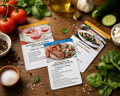 Three printed recipe cards for German dishes are arranged on a rustic wooden table surrounded by fresh ingredients including tomatoes, basil, garlic, cucumber, salt, pepper, and cheese. The cards show colorful food photos and text, with the central card highlighted in blue.