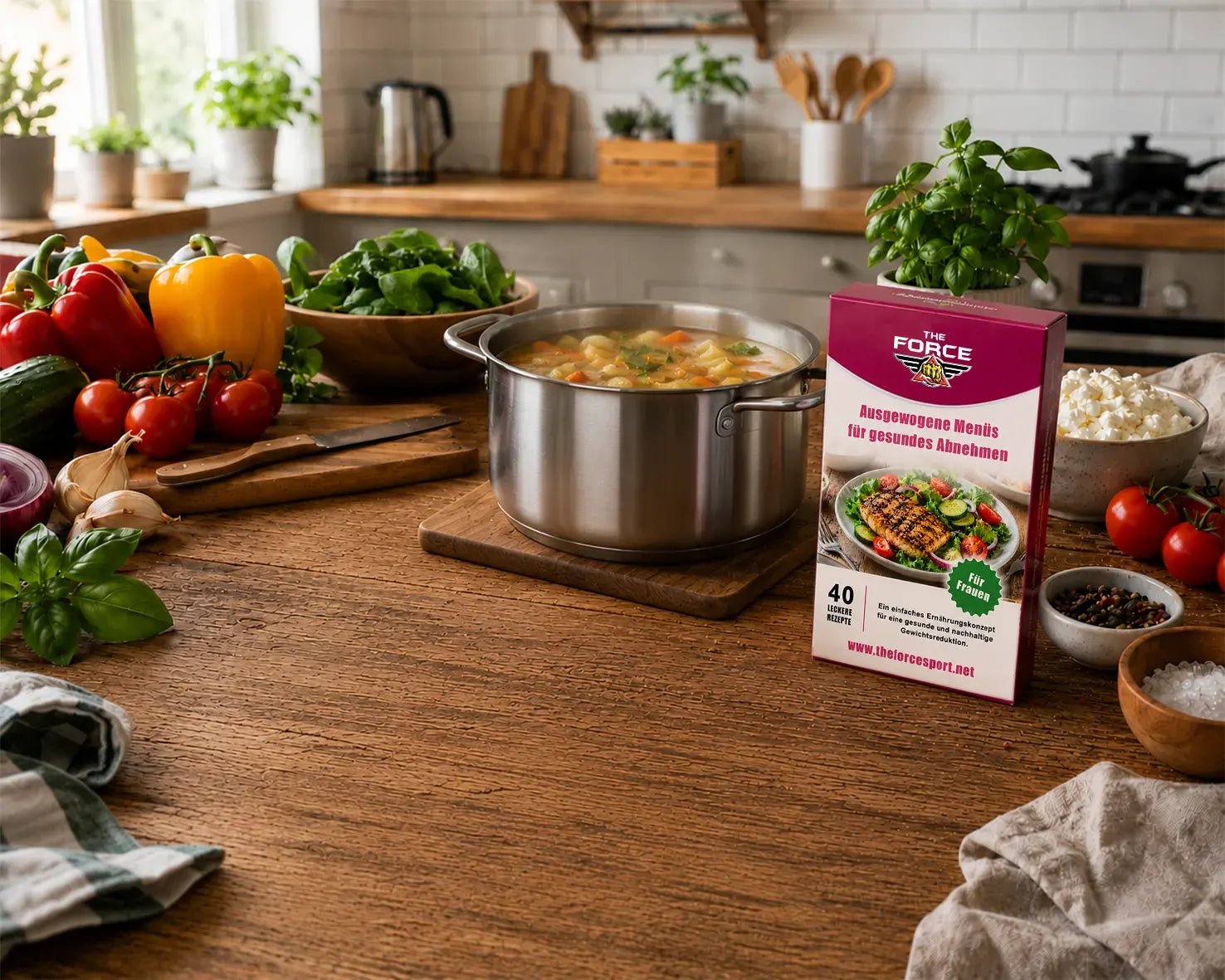 A box of Turmeric Force Apoposcent Meda for avocado smoothie is displayed on a rustic wooden kitchen counter next to a pot of soup, surrounded by fresh vegetables, herbs, and cooking ingredients.