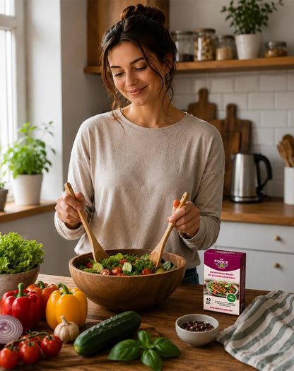 A woman in a beige long-sleeve shirt mixes a fresh green salad in a wooden bowl with two wooden spoons in a bright, modern kitchen. A purple box of 'The Salad Society' salad dressing is visible on the counter next to fresh vegetables like red and yellow bell peppers, a cucumber, basil, and an onion.