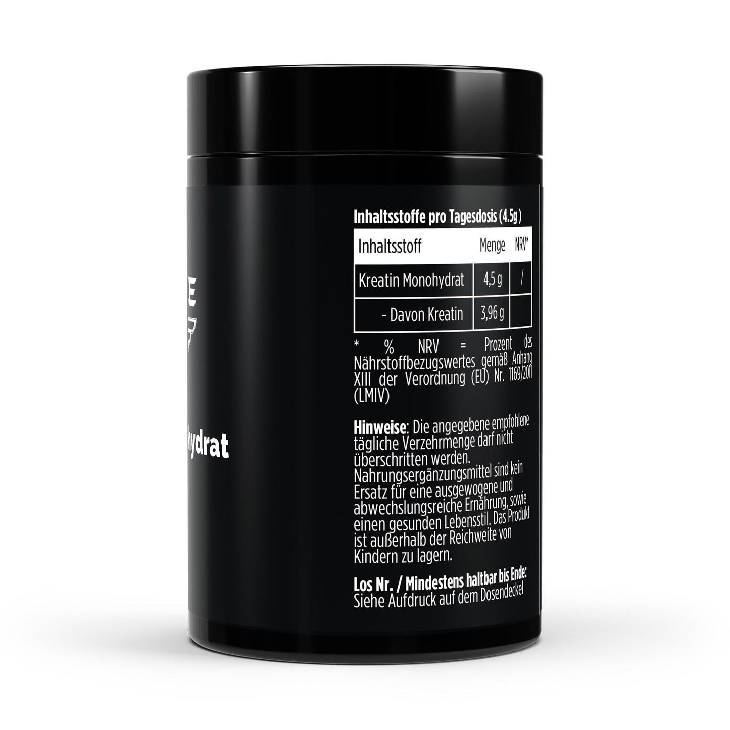 A black cylindrical supplement tub shown from the back on a clean white studio background, with German nutrition facts text printed in white.