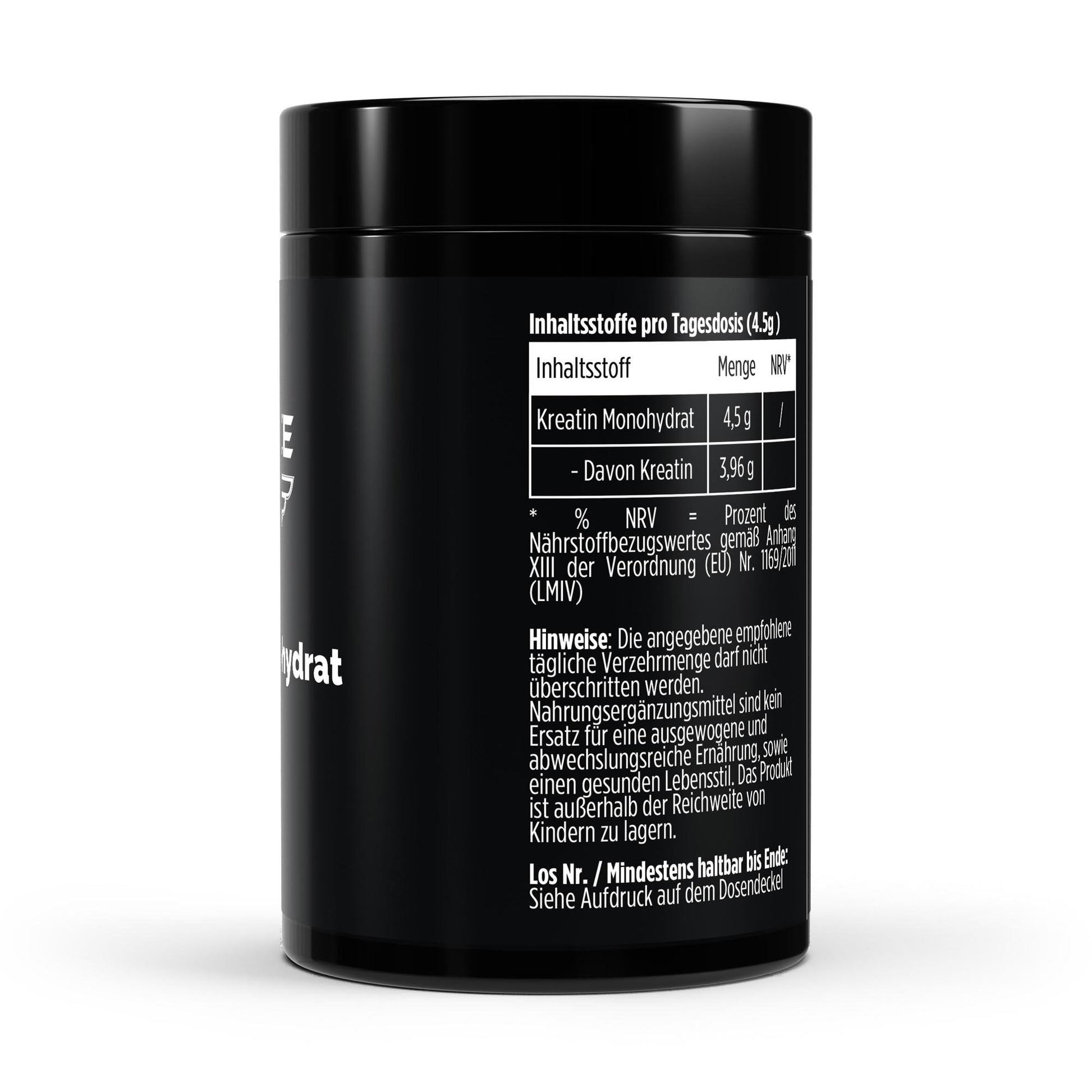 A black cylindrical supplement tub shown from the back on a clean white studio background, with German nutrition facts text printed in white.