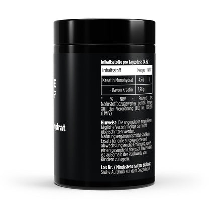 A black cylindrical supplement tub shown from the back on a clean white studio background, with German nutrition facts text printed in white.