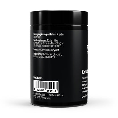 Black container with white text and a barcode on a white background