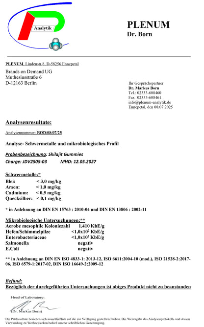 Technical report or certificate from PLENUM with detailed analysis results on metal and microbiological profile.
