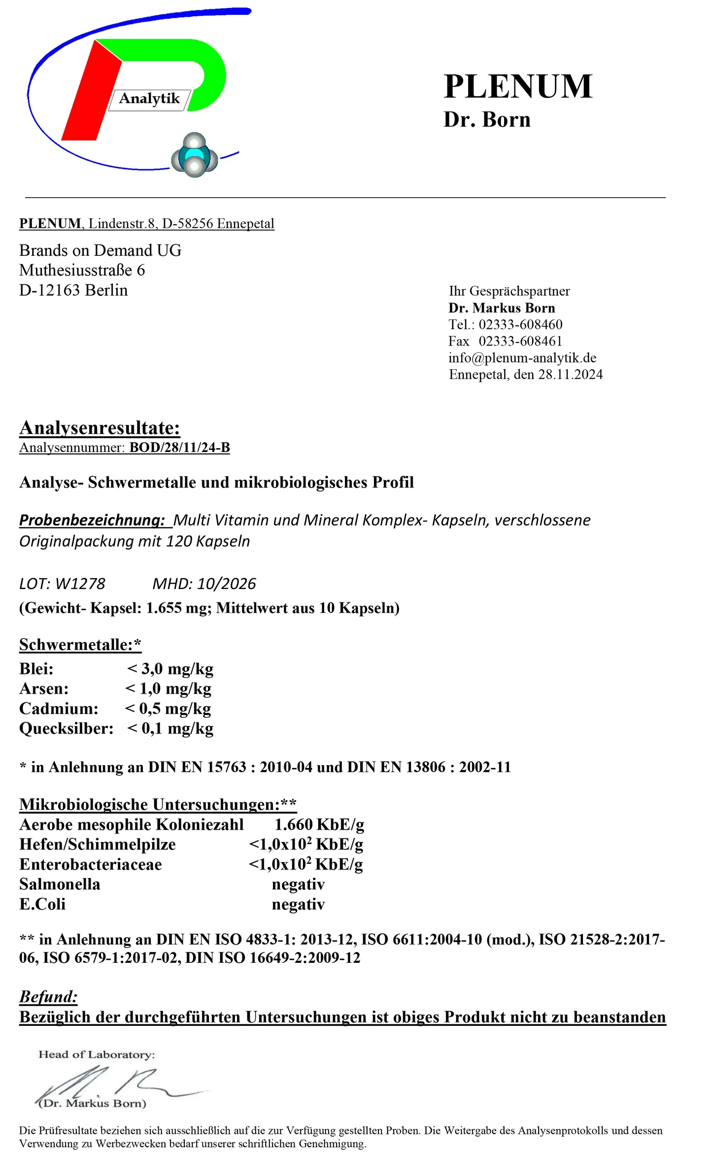 Analytical report from Plenum with logo and text on a white background