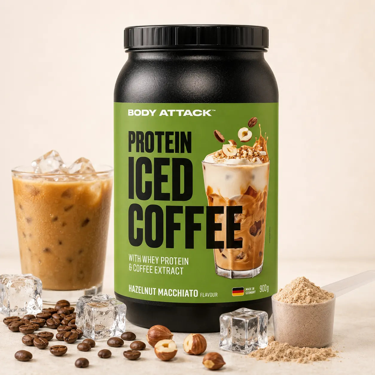 Body Attack Protein Iced Coffee 900 g mit Molkenprotein und Instantkaffee Hazelnut Macchiato