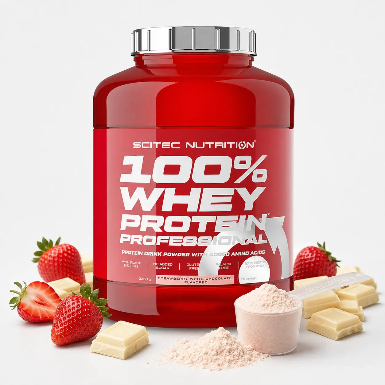 A large red tub of Scitec Nutrition 100% Whey Protein Professional in strawberry white chocolate flavor, surrounded by fresh strawberries, white chocolate pieces, a scoop of powder, and loose powder on a clean white background.