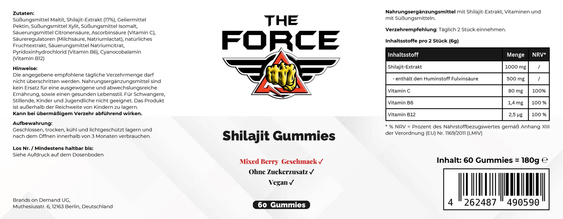 The Force Shilajit Gummies – vegane Gummies mit Shilajit Extrakt, Mixed Berry, 60 Stück