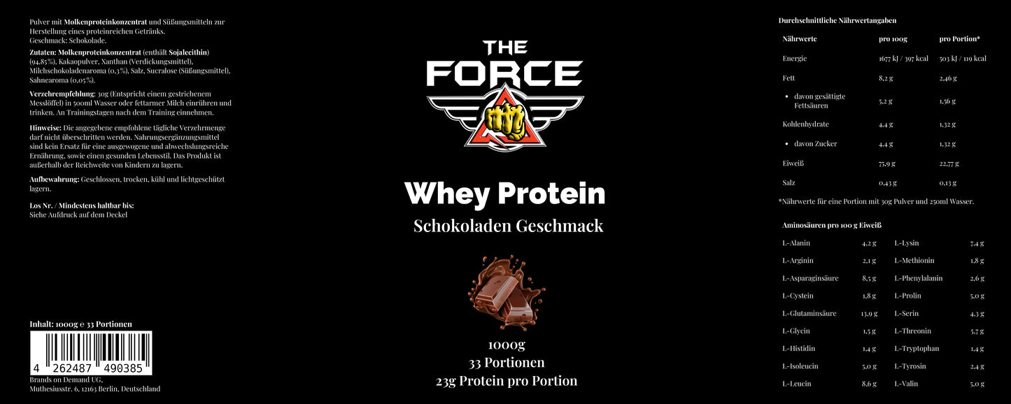 Whey protein package with 'The Force' branding on a black background