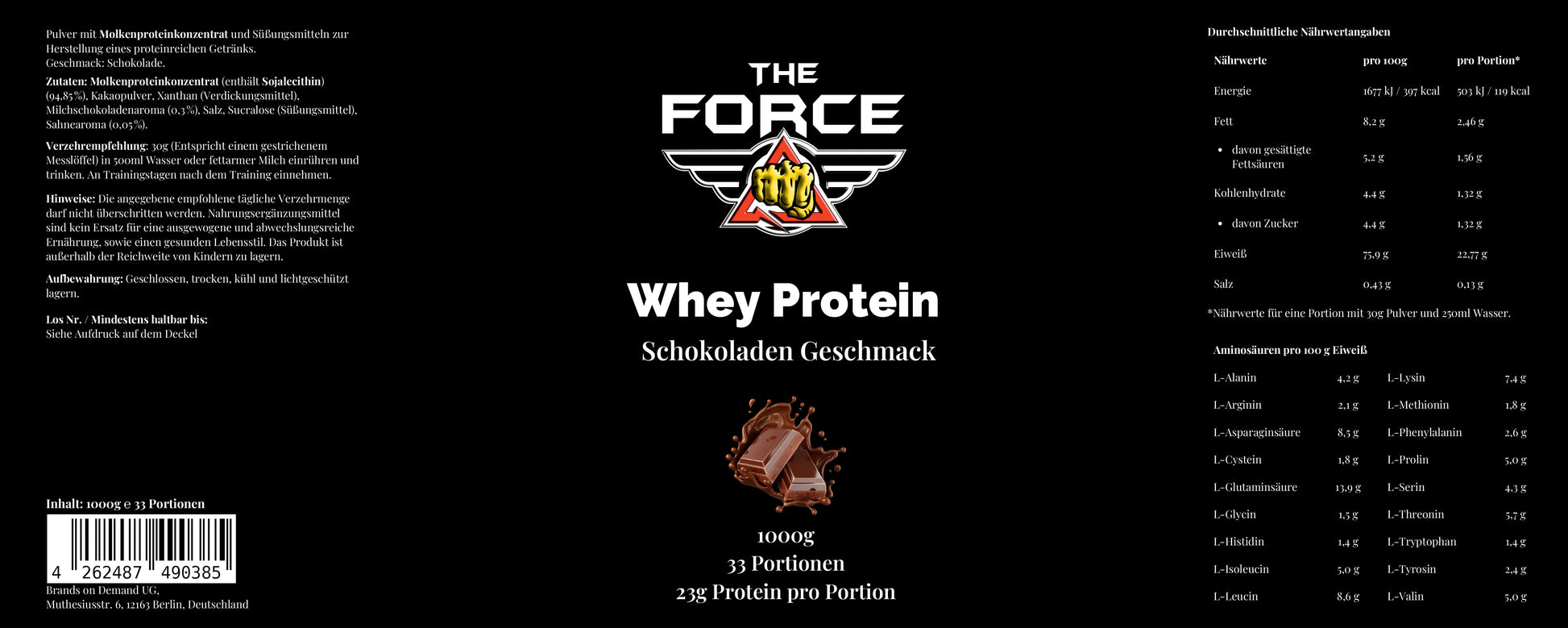 Whey protein package with 'The Force' branding on a black background