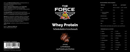 Whey protein package with 'The Force' branding on a black background